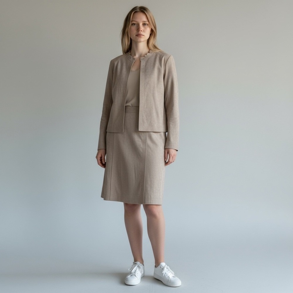 Vintage Ultrasuede‎ Blazer Jacket and Skirt Set Size 12 Taupe Suit